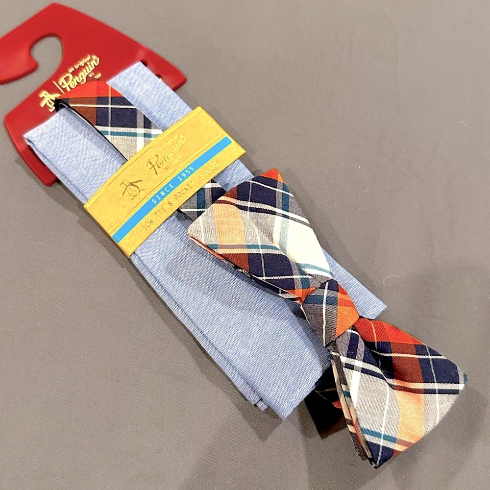 NWT Penguin Plaid Bow Tie and Pocket Square